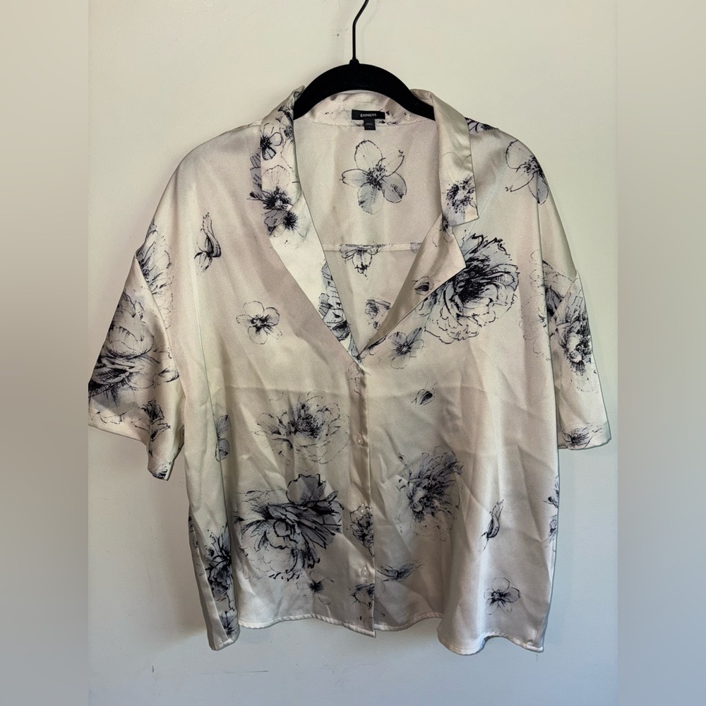 Express Cream and Blue Floral Satin Blouse